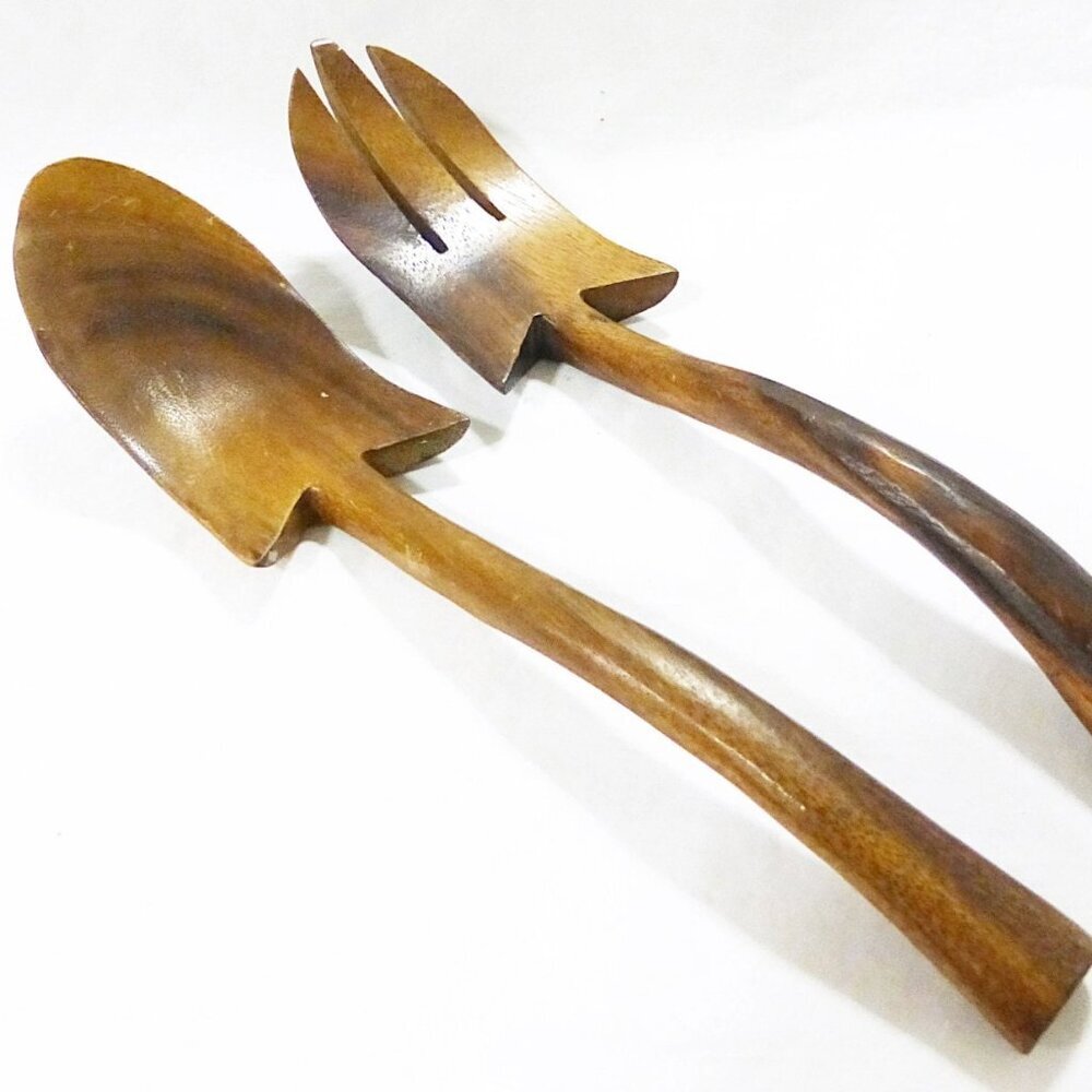 Vintage teak wood fork and spoon serving set salad handcrafted rustic farmhouse